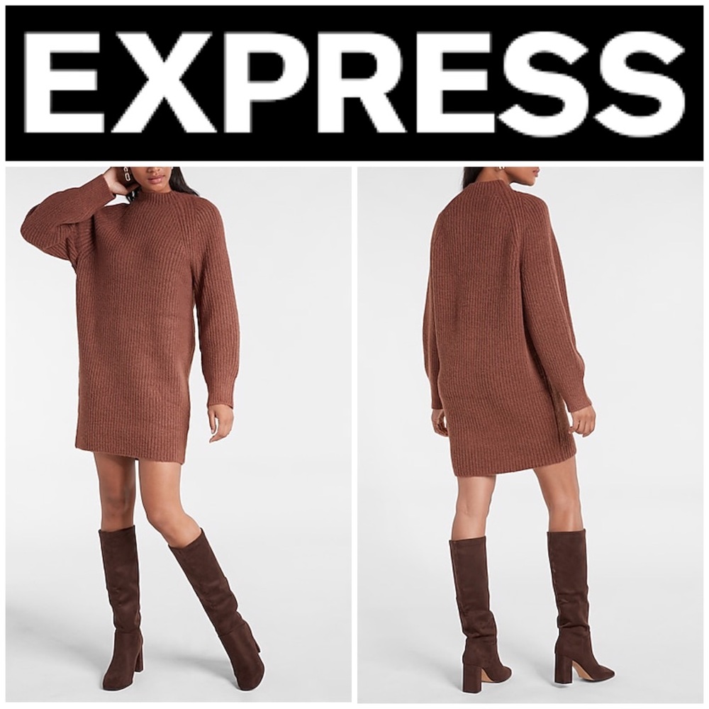 EXPRESS Super Cute & Cozy CHOCOLATE Mock Neck Shift Sweater Dress SZ L